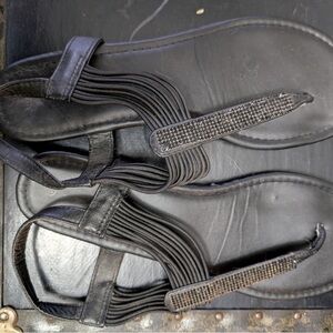 Black Leather Sandals with Rhinestone Detailing